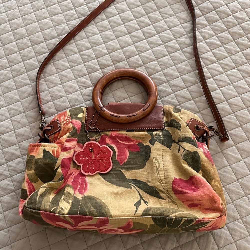 Gently Used Fossil Floral Canvas Shoulder Bag with Wooden Handles